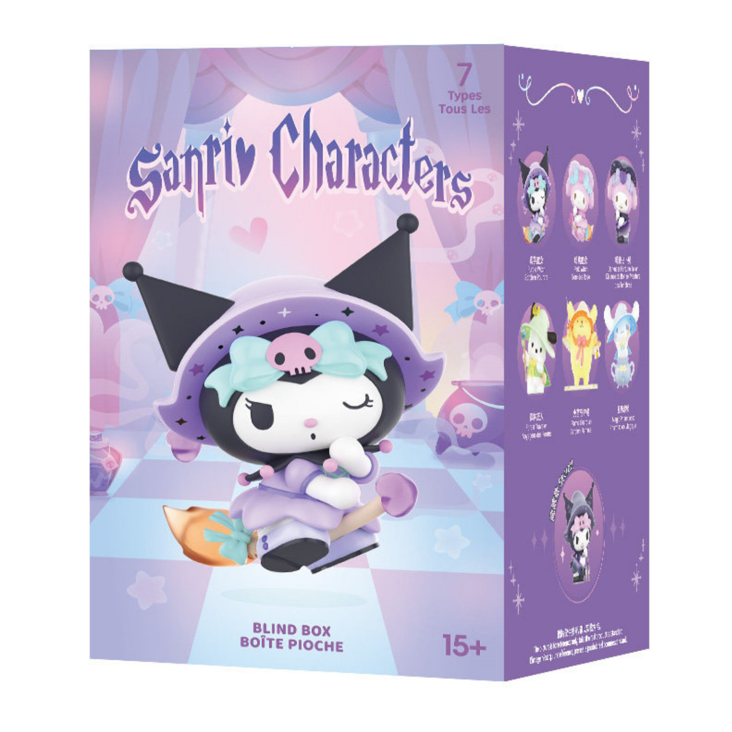Sanrio Magic Story Blind box packaging with six characters on a purple colour. It's suitable for people over the age of 15.