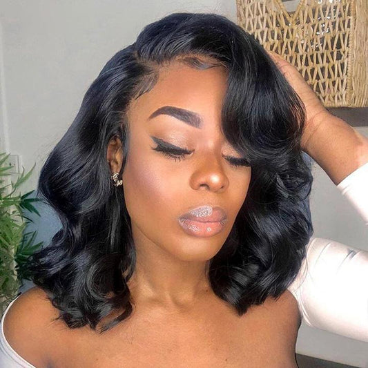 Mid-Length Wavy Lace Wig 100% Real Human Hair on person