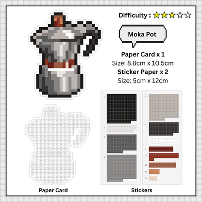 Pixel art design of a moka pot with paper card and sticker options.