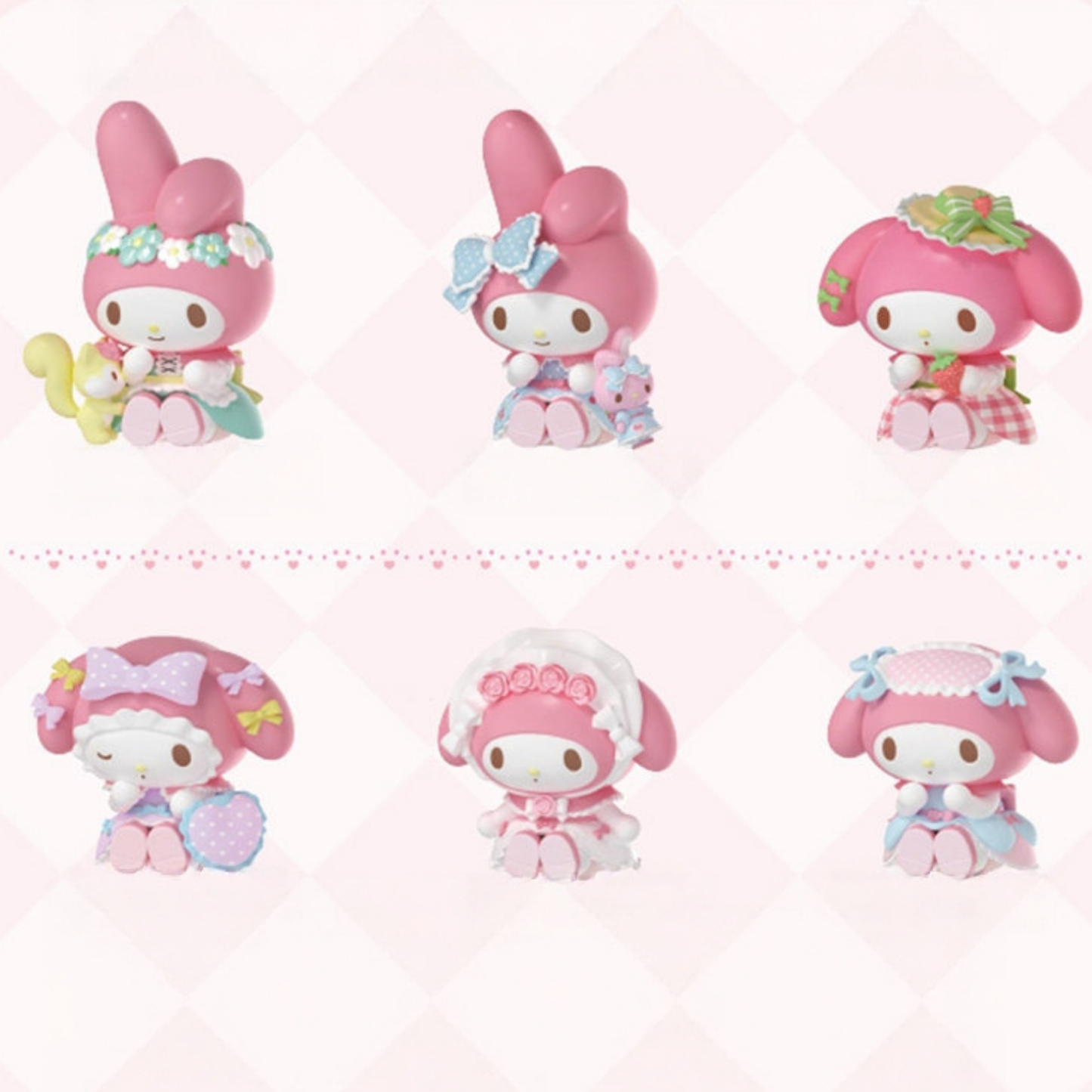 Set of six pink My Melody regular variants. They can be used as decorative items, desk decorations or can also be carried around. They are endlessly fascinating and can uplift one's mood. 