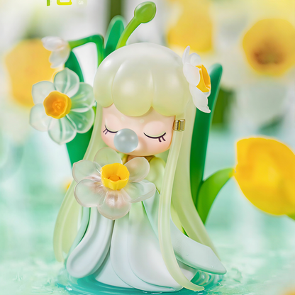 Charming Narcissus has pale green hair and a white-yellow daffodil hair accessory, wearing a light green and white dress, holding a daffodil flower.