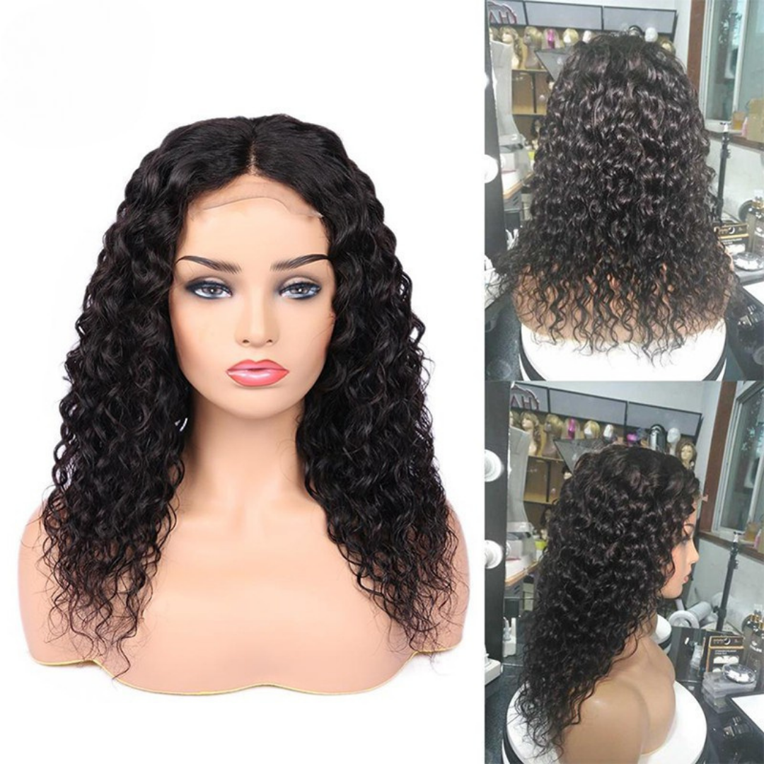 Natural Black Water Wave Lace Wig 100% Real Human Hair display