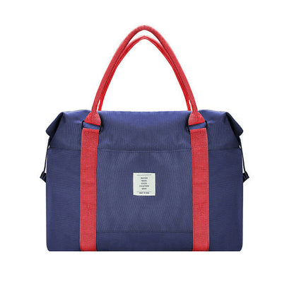 Navy blue bag with red handles on a white background