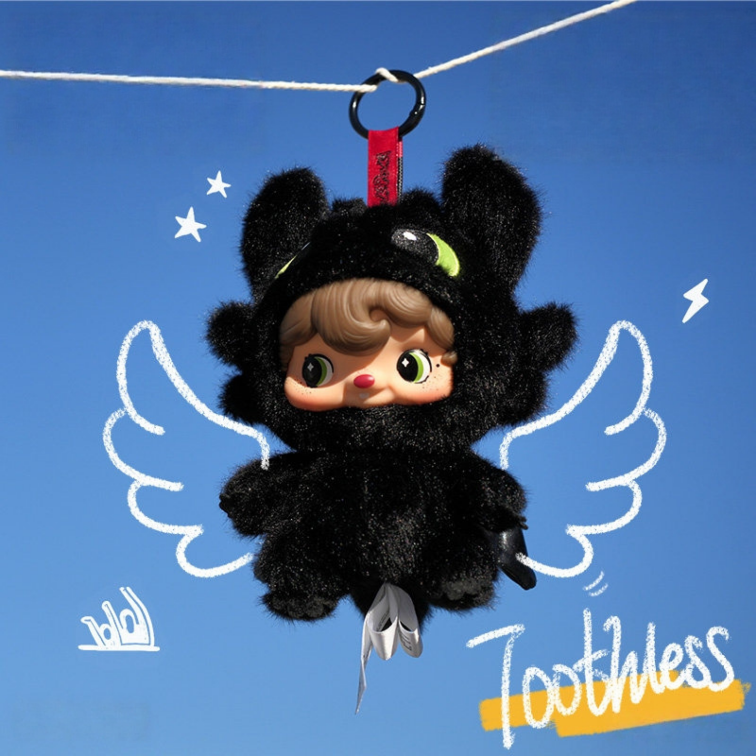 Night Furry plush toy is really cute in black colour. It has shiny eyes and wear black dragon clothes.