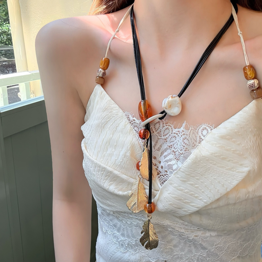 Peach Tea - Golden Maple Leaf Waxed Cord Long Pendant Necklace，Unique Orange Beads Decoration, Suitable for Both Men and Women to Wear