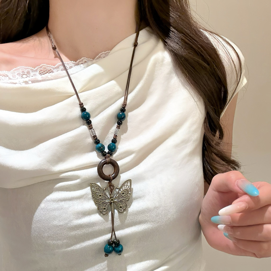 Peach Tea - Vintage Butterfly Long Pendant Necklace. Butterfly Pendant and Turquoise Beads, Modern Chinese Ethnic Style.