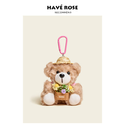 HAVEROSE - Original Teddy Bear with Flower Basket Bag Charm Pink