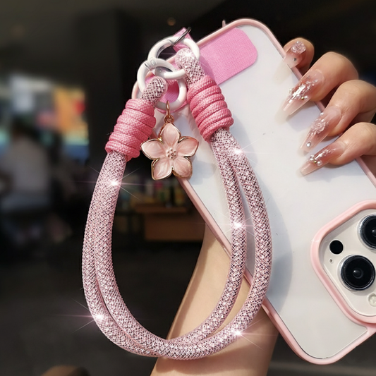 Pink Sparkly Rhinestone Phone Wrist Strap with Flower Charm