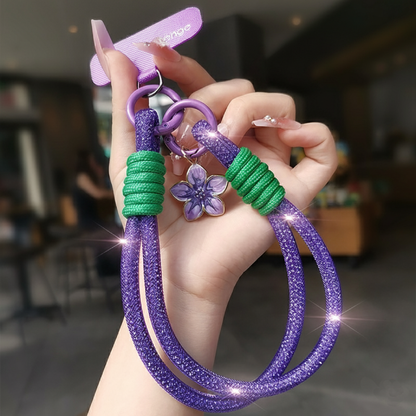 Purple Sparkly Rhinestone Phone Wrist Strap with Flower Charm