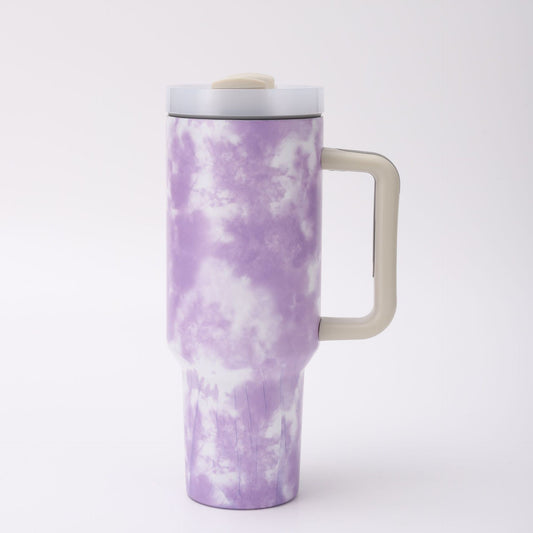 Purple Tie-Dye Stainless Steel Tumbler with Handle & Straw