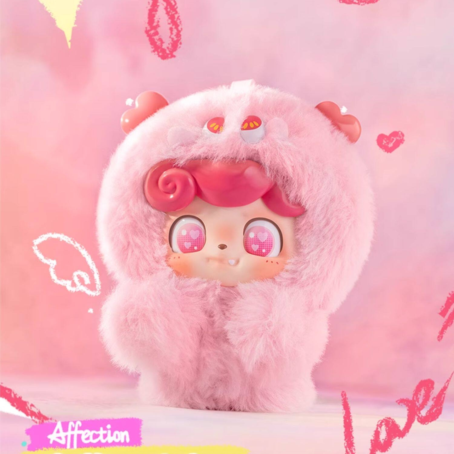 Fluffy pink “Affection” plush Q kid with heart-sparkle eyes and soft faux fur – a sweet little companion to brighten your day.