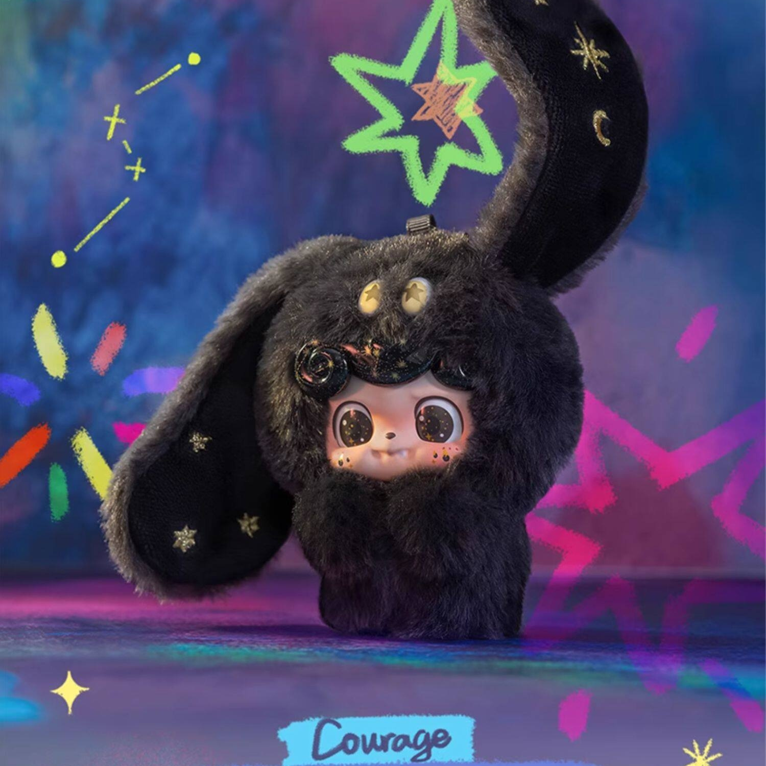 Midnight black “Courage” plush Q kid with starry details and bold sparkle eyes – a hidden design full of fearless charm. It can be used as a bag charm.