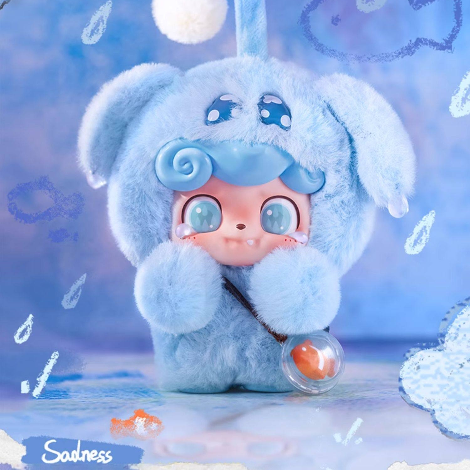 Soft blue “Sadness” plush Q kid with teary shimmer eyes and gentle expression – a comforting little friend to carry wherever you go.