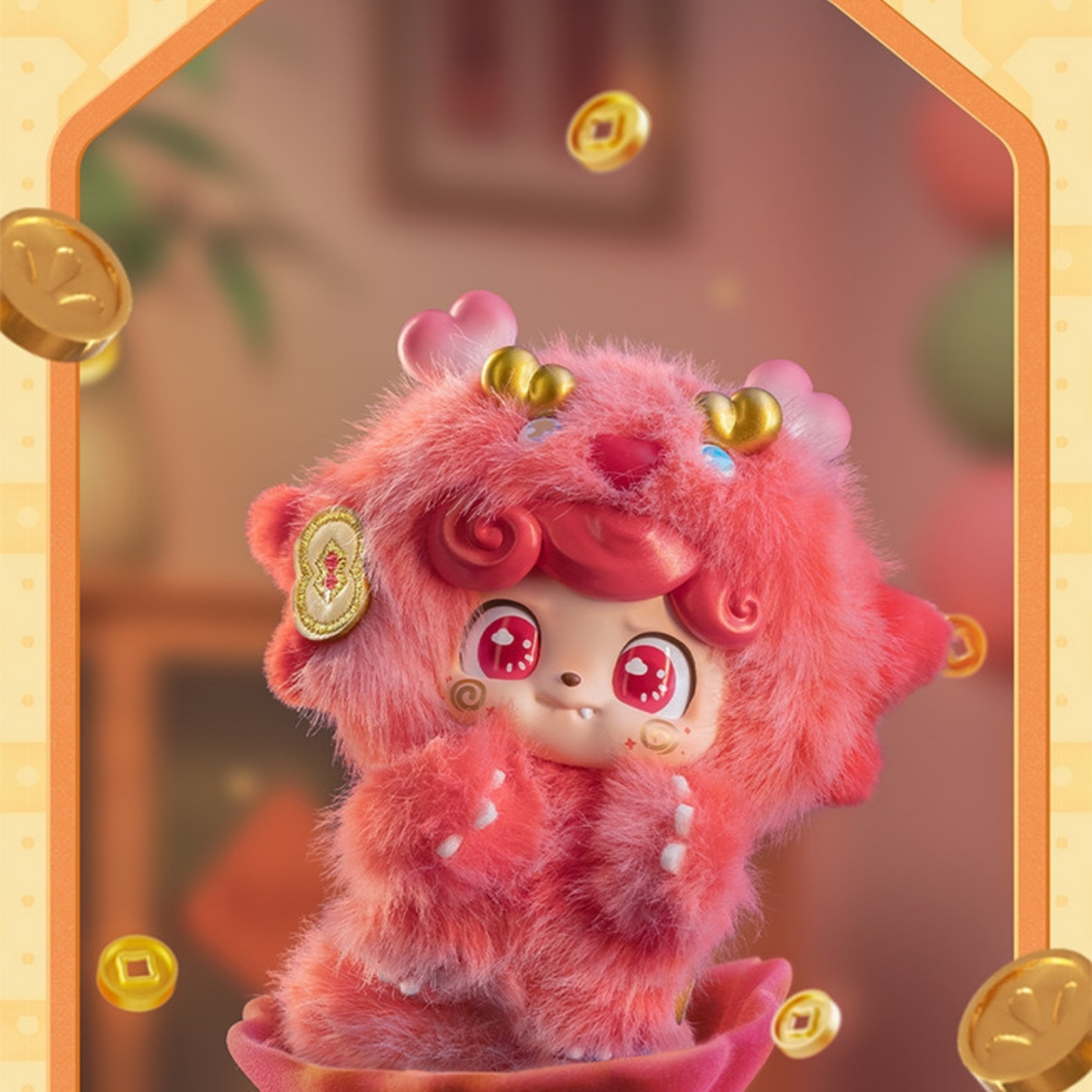 Lucky Dragon plush Q kid in vibrant fluffy red with golden horn details, a festive good fortune companion to brighten your handbag or backpack.