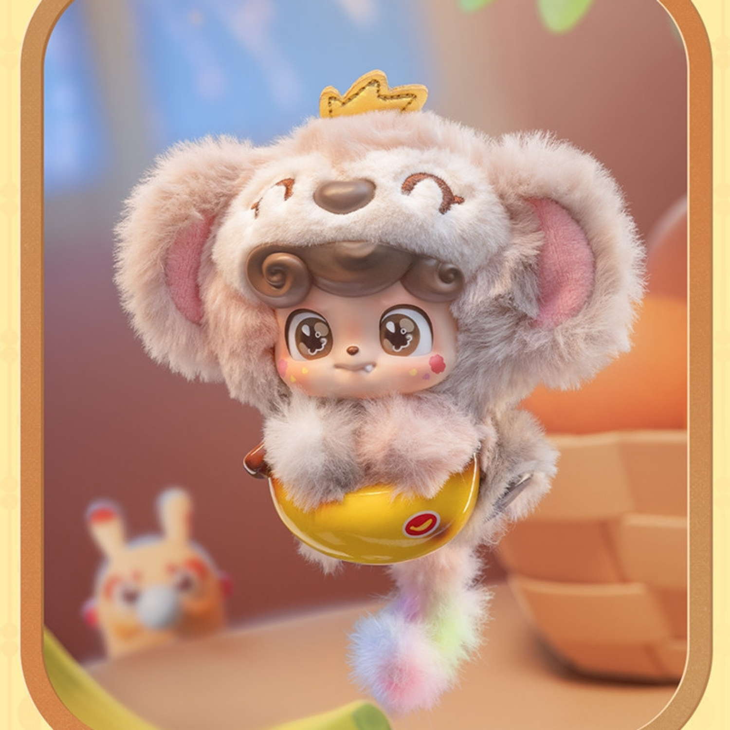 Lucky Monkey plush Q kid with playful expression and soft fluffy finish, a cheerful good fortune accessory for bags and keys.