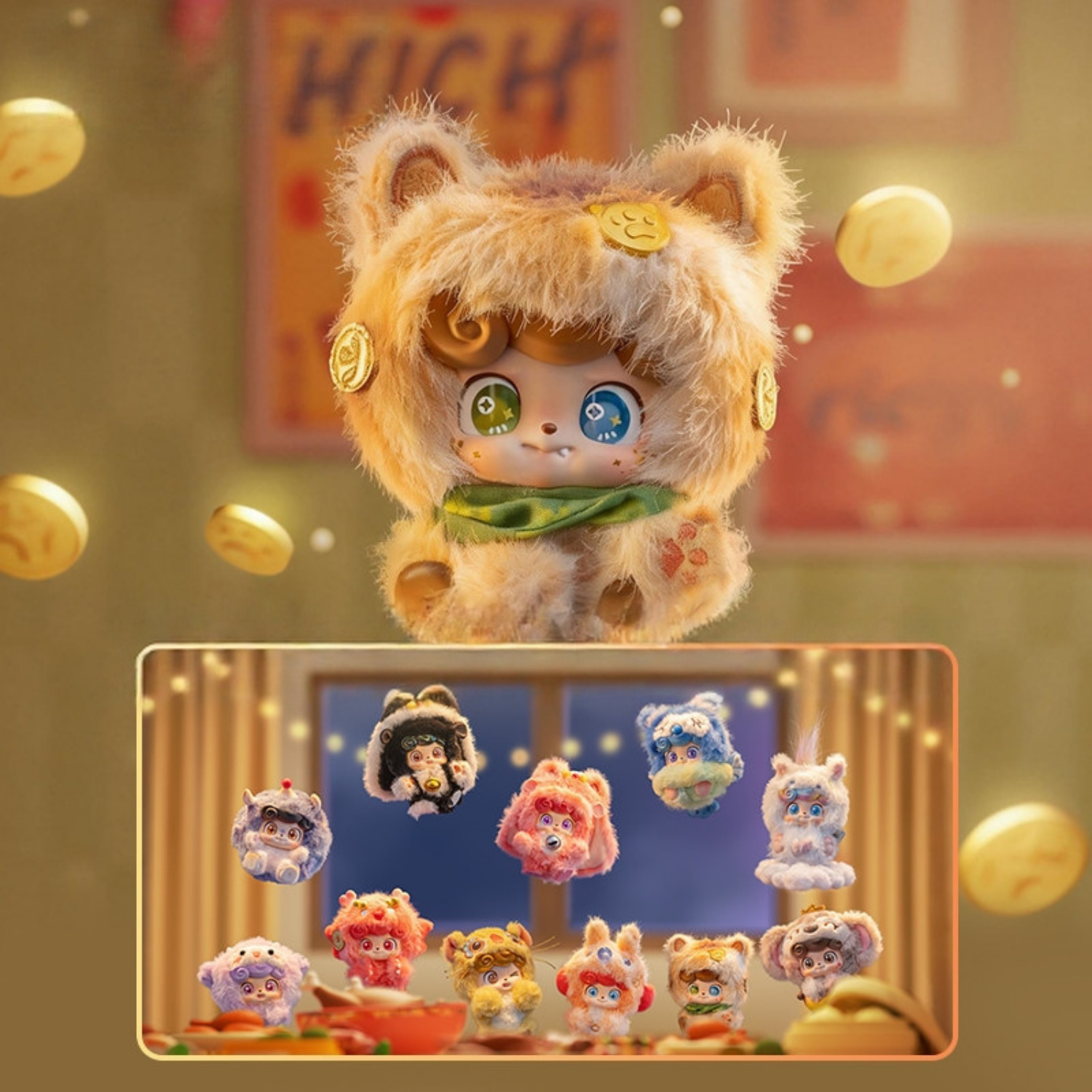 Total variant blind box about Q kids cute and fluffy toys with different animal ears, poses and expressions. All of then are really colourful. There are nine regular variants and two hidden variants. Used as bag charms. 