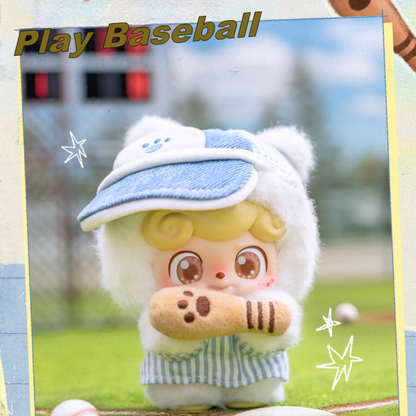 Q Kid “Play Baseball” plush toy in sporty cap with mini bat – a cute, spirited companion to clip onto your backpack.