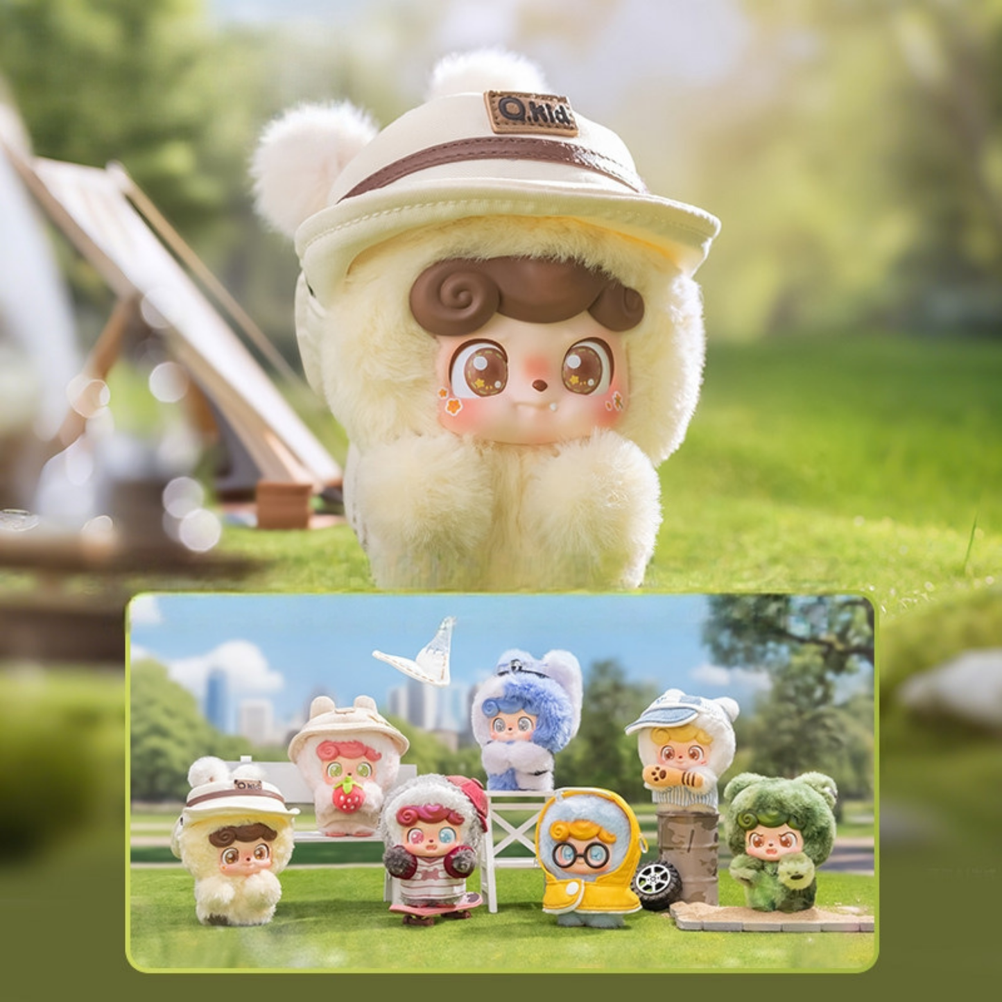 Set of cute fluffy blind toys about Q kid. There are six regular variants and one hidden variant. They have different decorations, clothes and expressions. Their decorative accessiories are detachable. All of them can be used as bag charms.