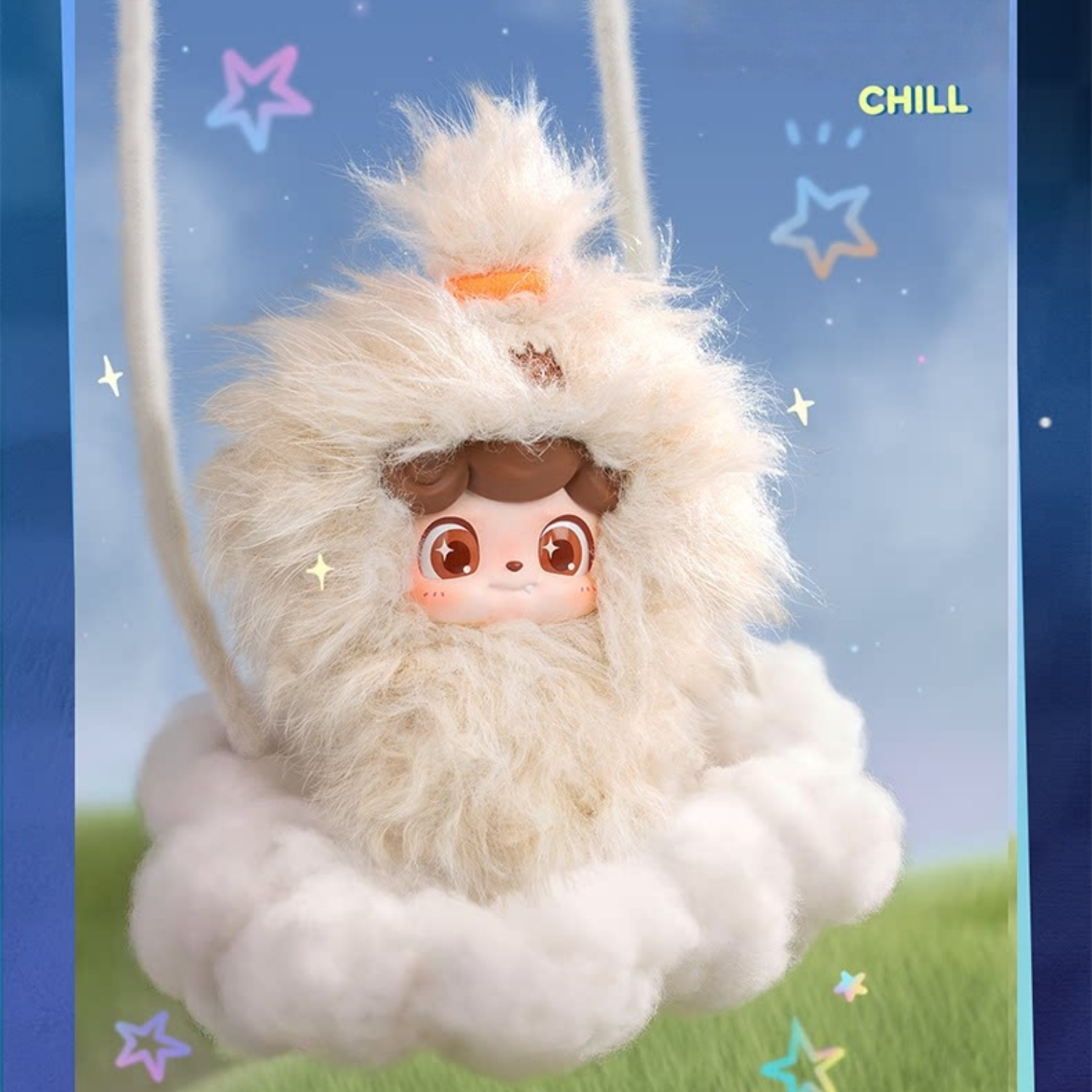 Fluffy “Chill” mini plush Q kid in soft cream tones, with shining eyes and brown hair, a cosy little companion designed to bring calm vibes wherever you go.