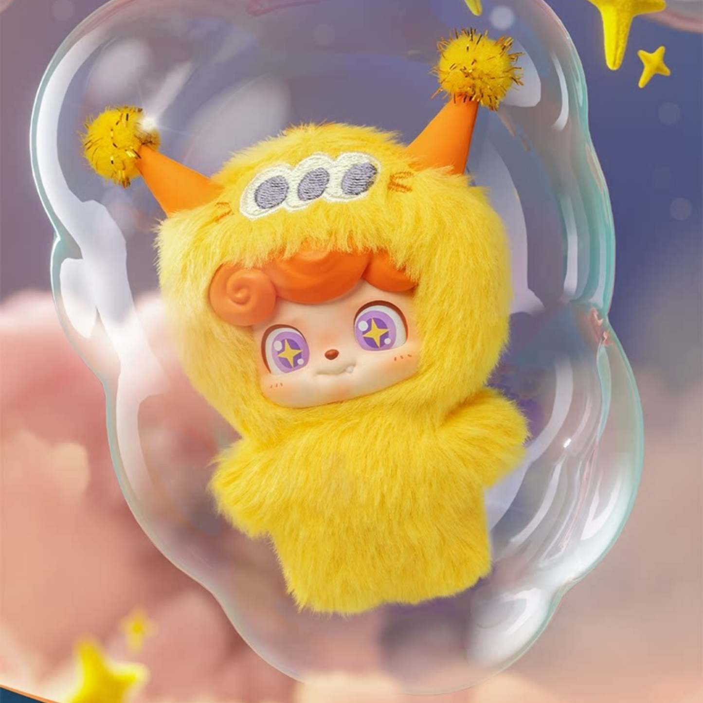 Bright yellow “Focus” mini plush Q kid with starry eyes, orange hair and two cute antenna, a cheerful reminder to stay sharp and shine throughout your day.