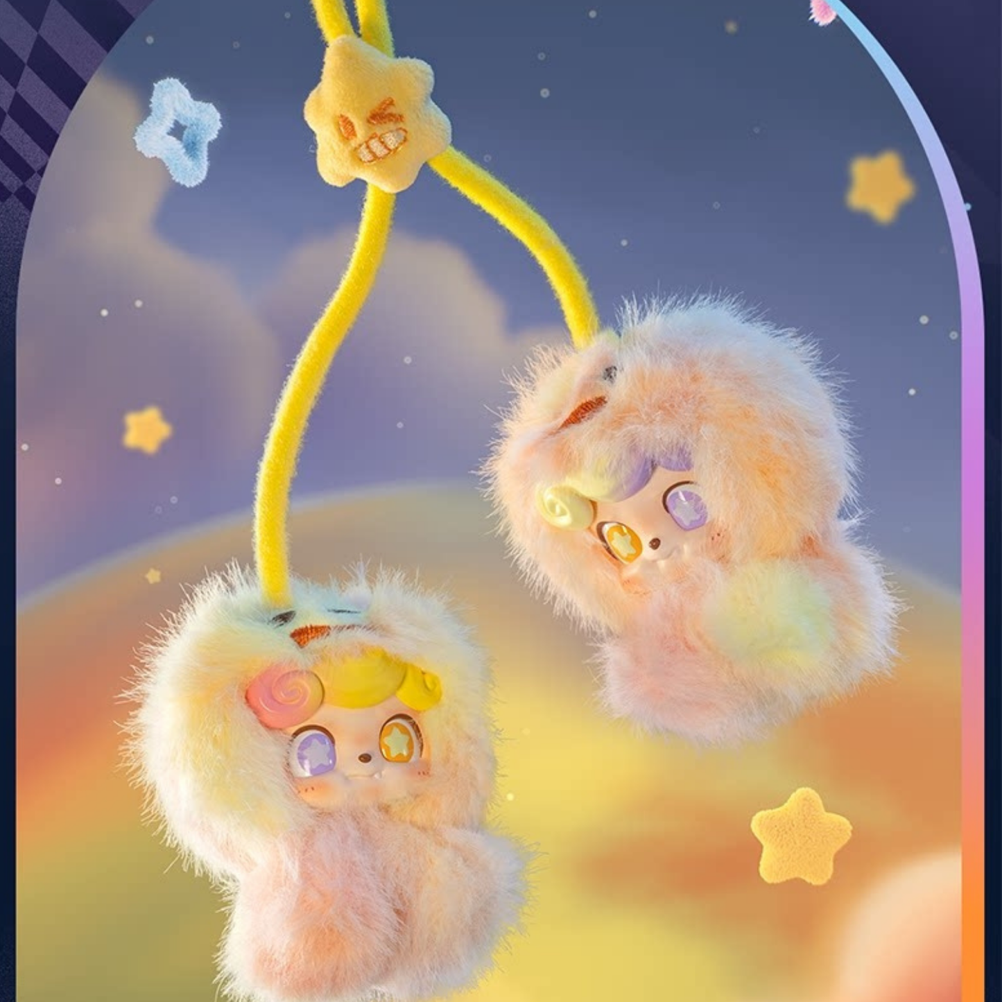 Dreamy pastel “Inspiration” mini plush Q kid with mismatched starry eyes and a whimsical hanging loop — a magical pocket-sized muse designed to spark creativity and add a touch of wonder to your everyday style. It's the hidden variant.