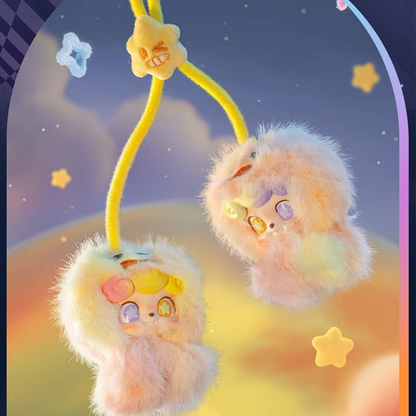 Dreamy pastel “Inspiration” mini plush Q kid with mismatched starry eyes and a whimsical hanging loop — a magical pocket-sized muse designed to spark creativity and add a touch of wonder to your everyday style. It's the hidden variant.