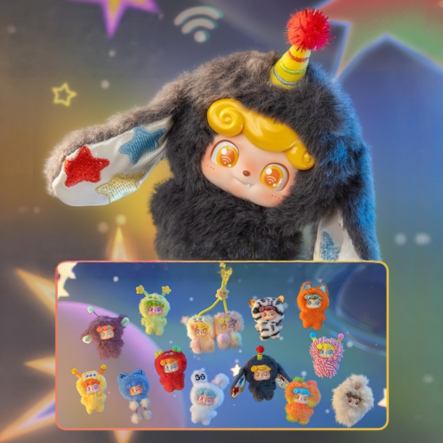 Set of Q kid cute and plush toys with colorful design, different expressions, decorations and meanings. There are 12 regular variants and one hidden variant. All of them can be used as bag charms. The size is 8-9cm