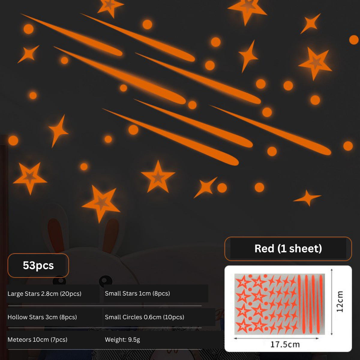 Red Glow-in-the-Dark Meteor & Star Wall Stickers
