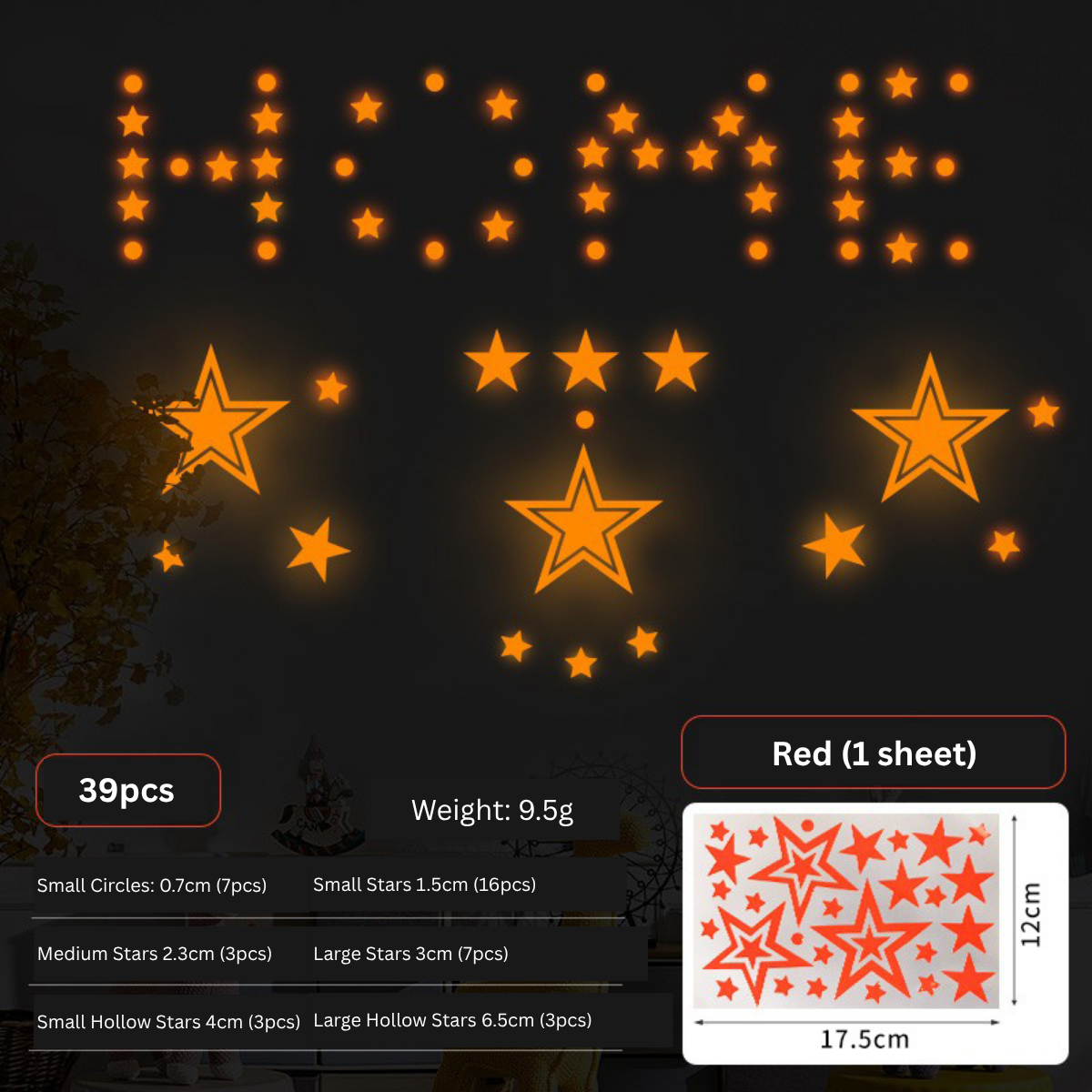 Red Luminous Glow-In-The-Dark Star Wall Stickers