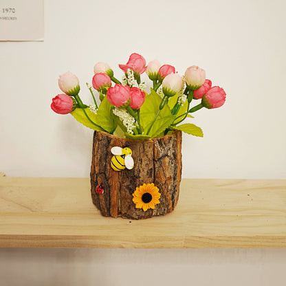 Rose Cute Tree Stump Pot with Faux Flower