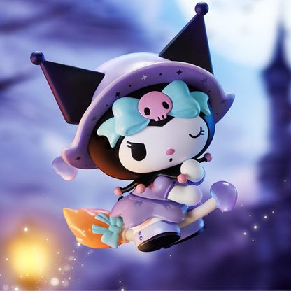 Cute Kuromi Blind Box. It has a purple hat and a blue bowknot, sitting on the flying broomstick with vivid expression.