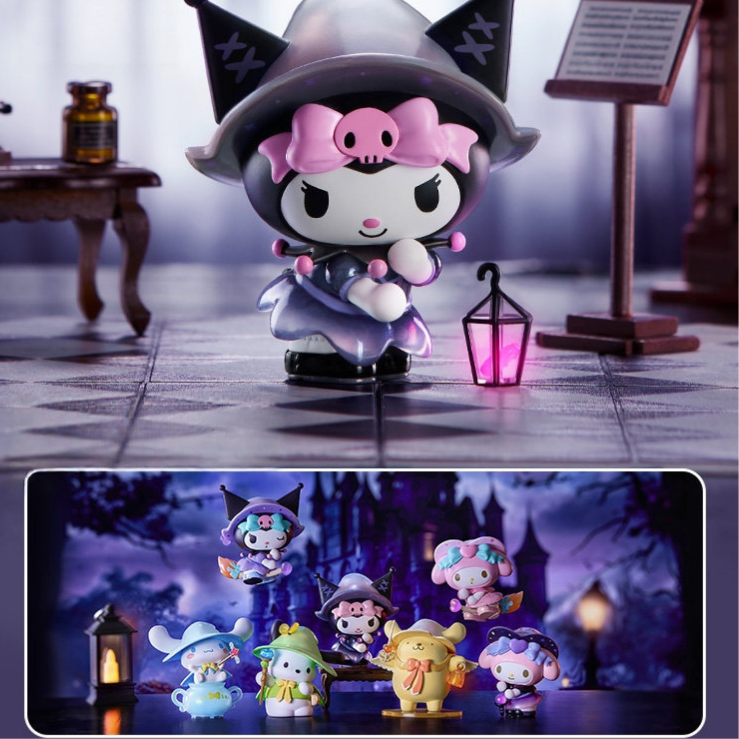 The total variants of Sanrio Magic Blind Box. They have different outfits, expressions and poses. On the top of the picture is the hidden variant. It has black a hat and a purple dress and others are regular variants. They are really cute and beautiful, just like being filled with magic. 