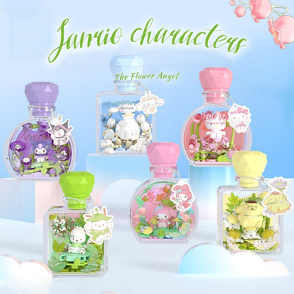Total variants of small figurine bottles with colorful designs and different characters, My Melody, Pompompurn, Pochacco, Kuromi, Cinnamoroll and Hello Kitty. They are really cute, unique, and inside the bottle, there are flowers and decorations made with building blocks.
