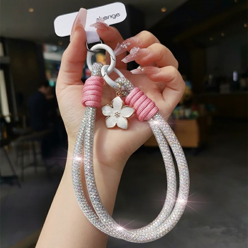 Silver Sparkly Rhinestone Phone Wrist Strap with Flower Charm