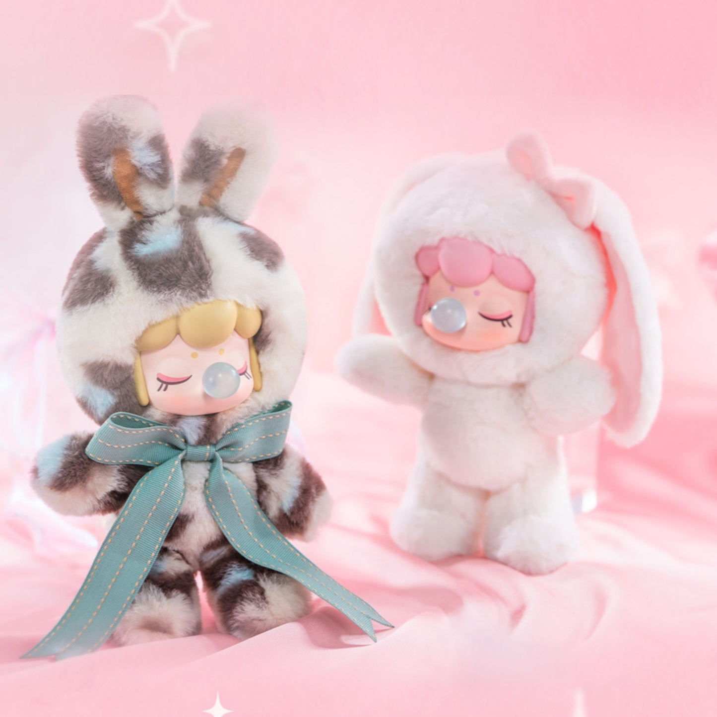 Soft Leopard and Fluffy Fairy Nanci plush figures, cute bunny costume toys with fluffy texture, long rabbit ears, pastel colours and soft plush design.