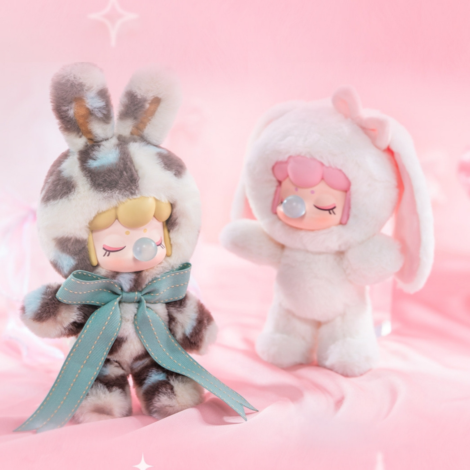 Soft Leopard and Fluffy Fairy Nanci plush figures, cute bunny costume toys with fluffy texture, long rabbit ears, pastel colours and soft plush design.
