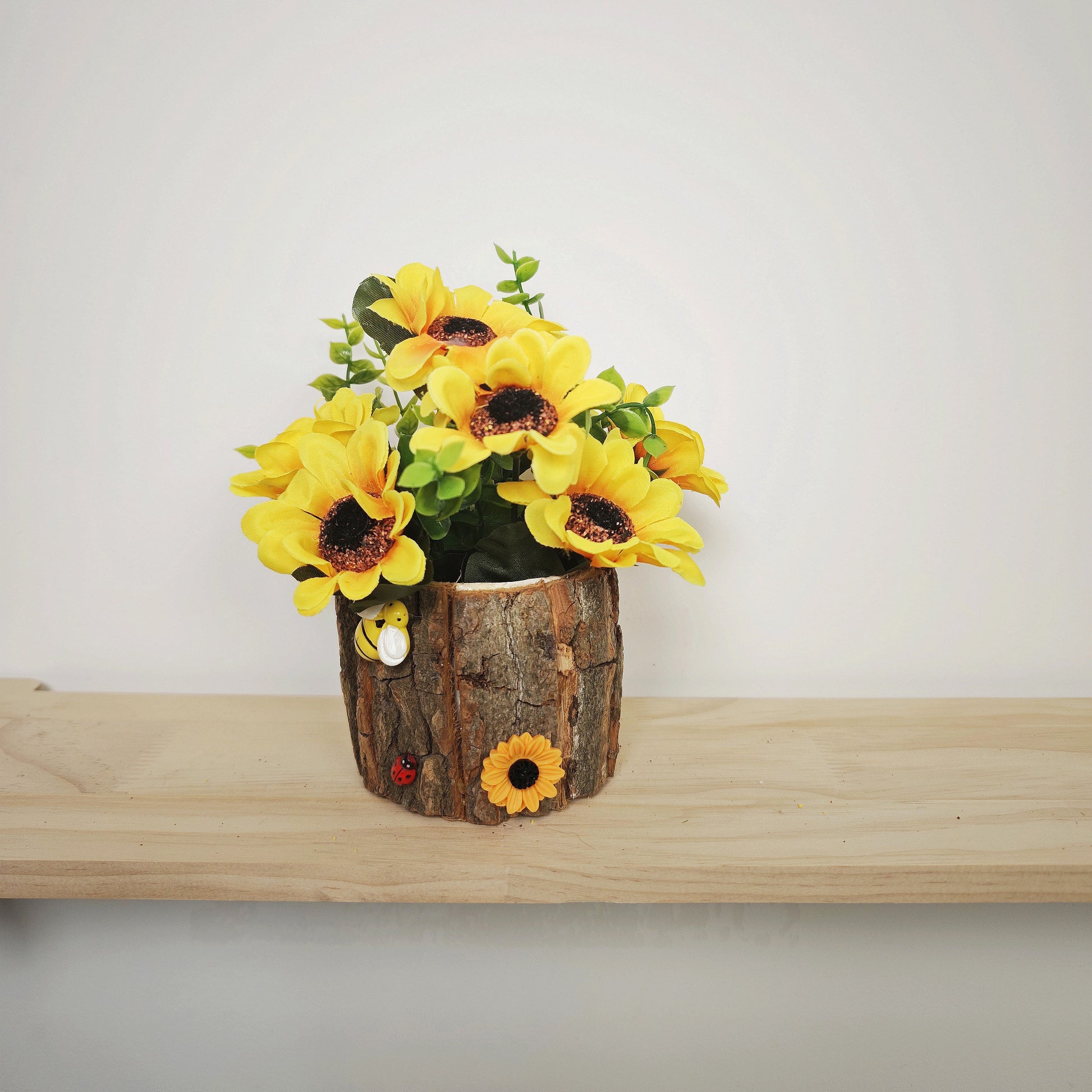 Sunflower Cute Tree Stump Pot with Faux Flower