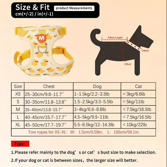 Size and fit of adjustable outdoor walking harness. Item suitable for cats and dogs.