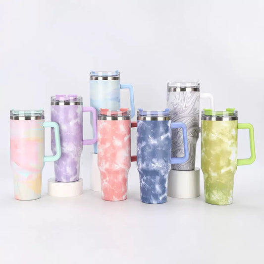 Tie-Dye Stainless Steel Tumbler with Handle & Straw