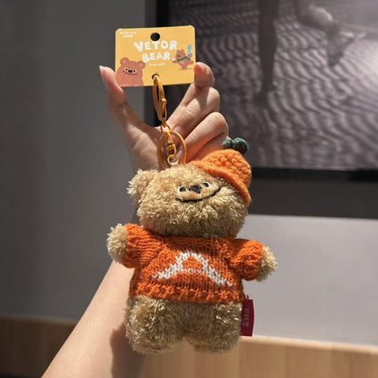 Tilted-Head Sweater Bear with Hat Plush Bag Charm Orange