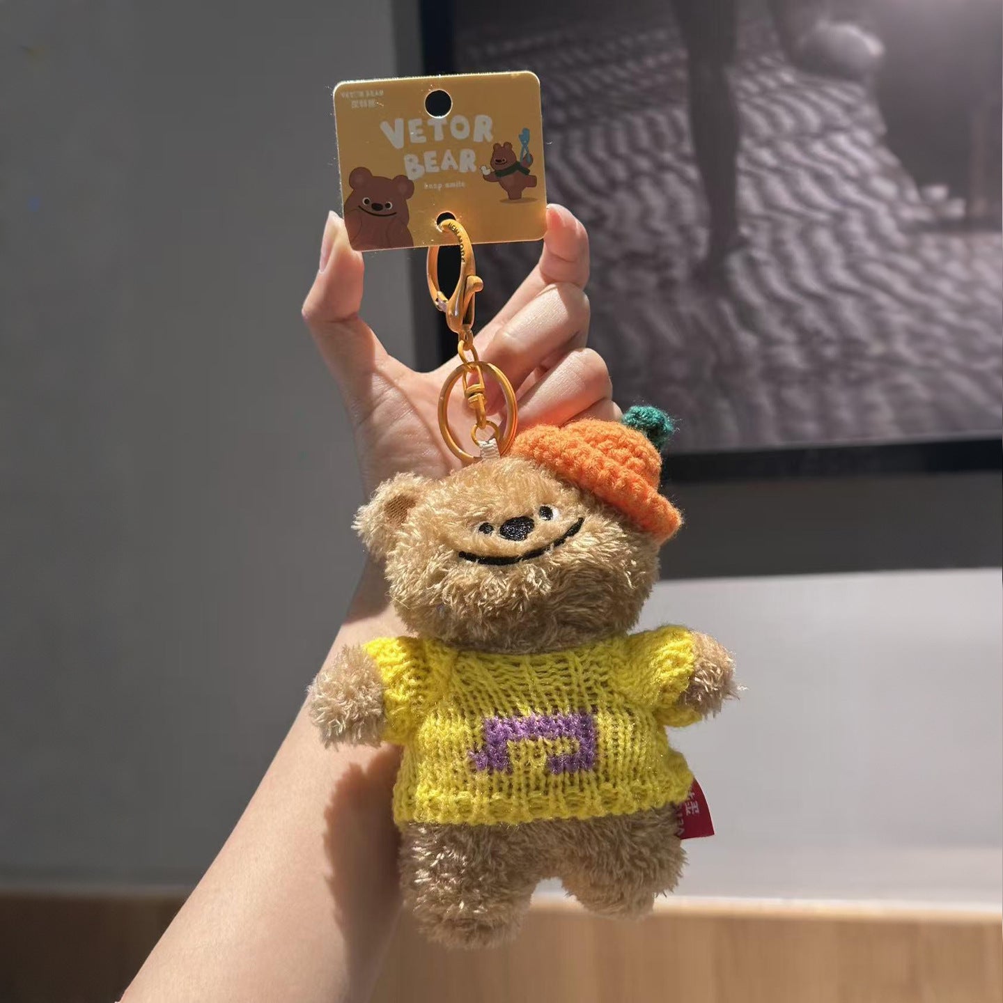 Tilted-Head Sweater Bear with Hat Plush Bag Charm Yellow