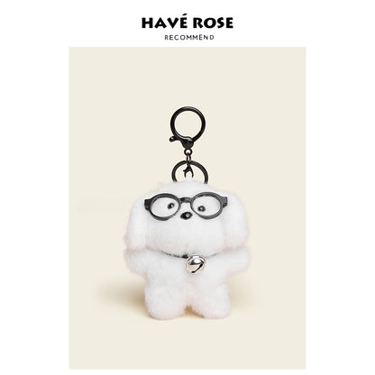 White Cute Standing Puppy with Glasses Plush Bag Charm