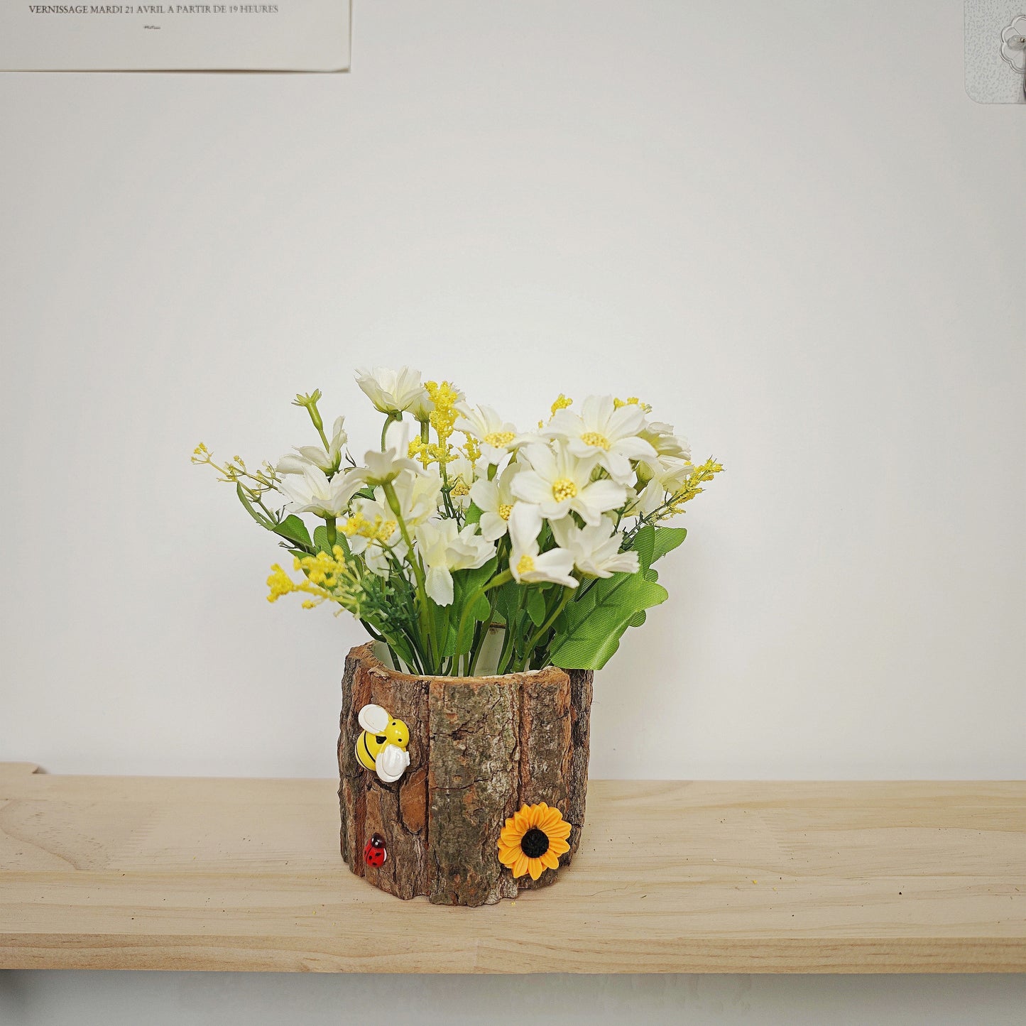 White Osteospermum Cute Tree Stump Pot with Faux Flower