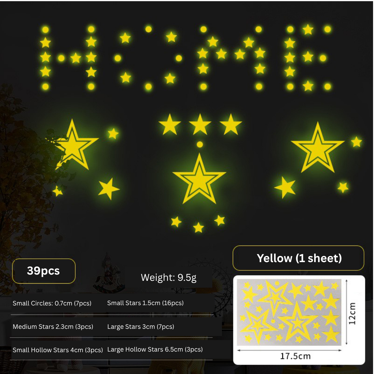 Yellow Luminous Glow-In-The-Dark Star Wall Stickers