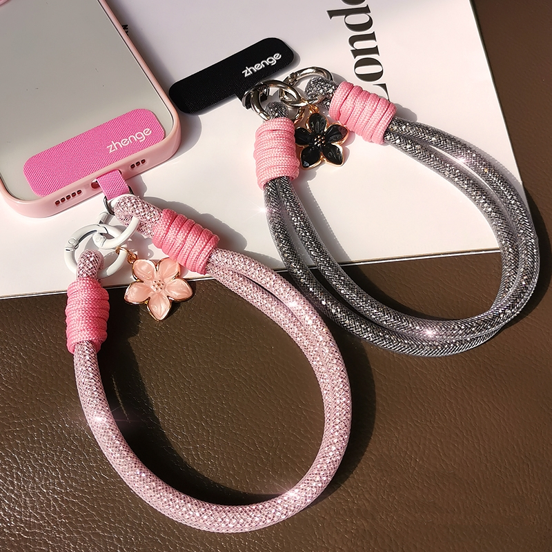 Zhenge Digital - Shiny Rhinestone Phone Wrist Strap with Flower Charm