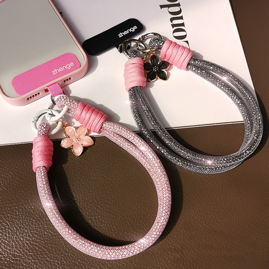Zhenge Digital - Shiny Rhinestone Phone Wrist Strap with Flower Charm