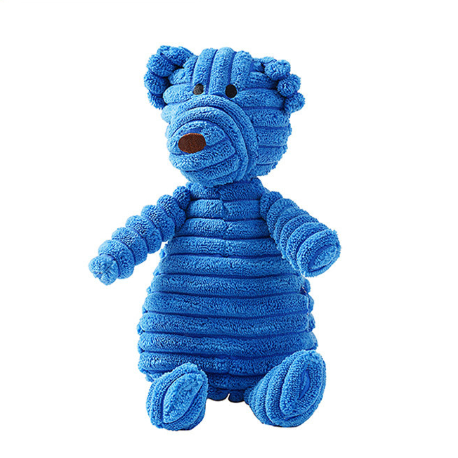 Fluffy and cute blue pet toy bear with black eyes. It's very soft and sturdy when pets play.