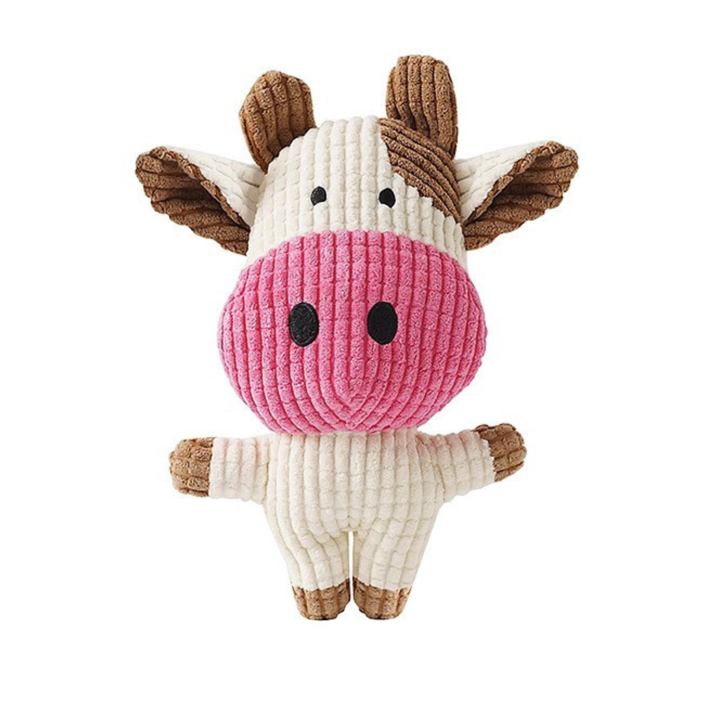 Fluffy and cute toy cow in brown and white with pink snout.  It's good for pets to play alone or with their owners. It can also clean their teeth when pets play.