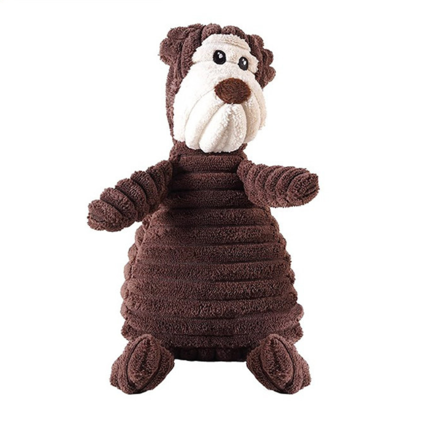 Fluffy and cute toy monkey in brown and white with bright eyes.  It's good for pets to play alone or with their owners. It can also clean their teeth when pets play.